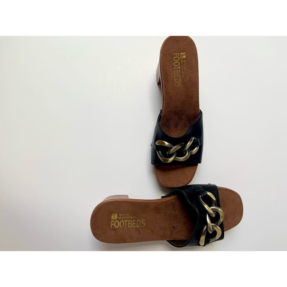 NWOB White Mountain Jem Footbeds Black Block Heeled Gold Chain Sandals Wmns 7 - Picture 4 of 10